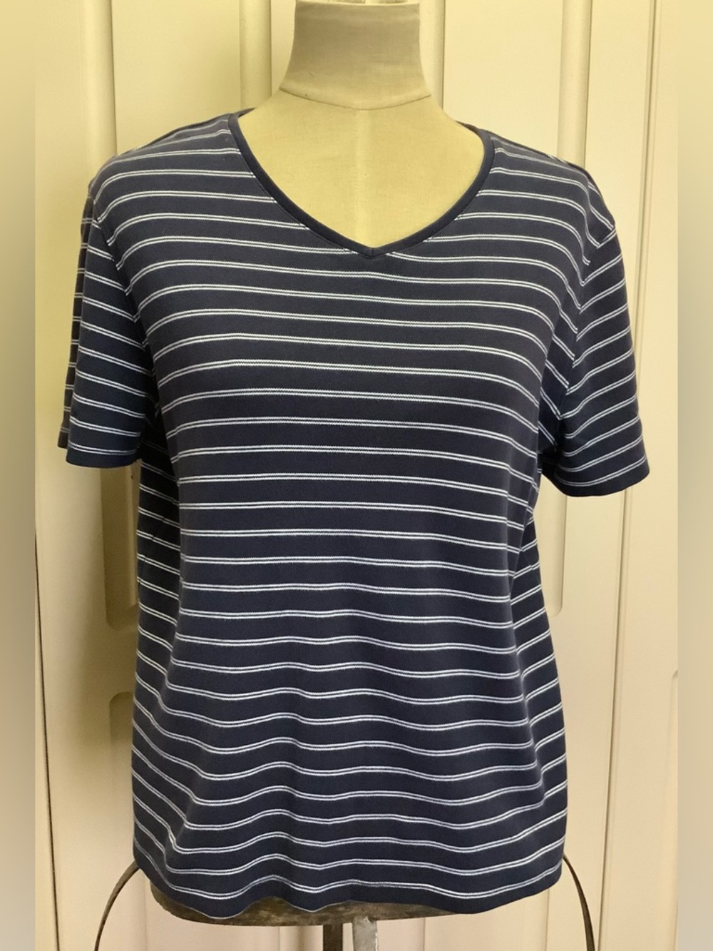 Karen Scott Sport Shirt Top-Blue White Stripe-V-Neck-Short Sleeve-Cotton-Large